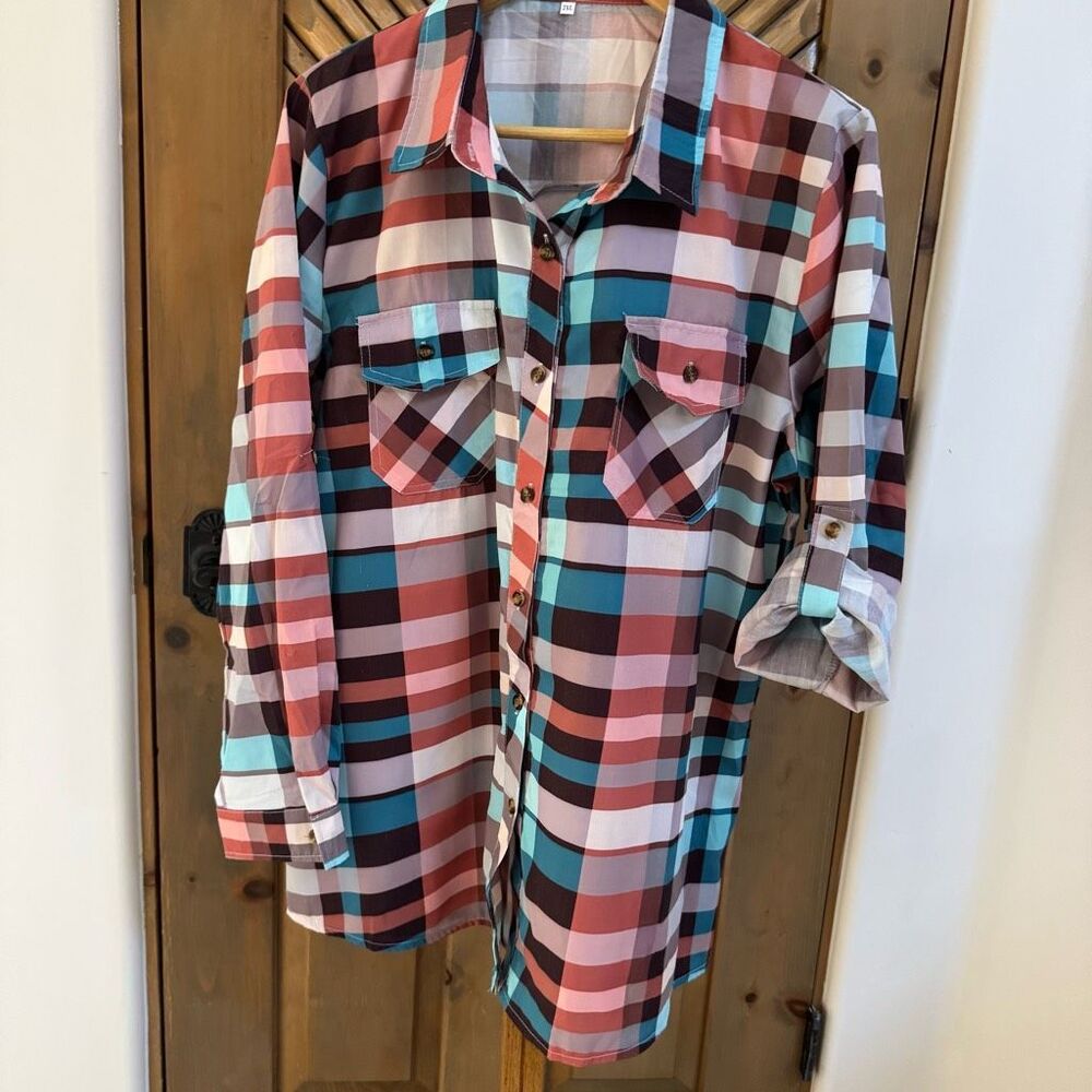 NWT Bellelily plaid swim cover up shirt